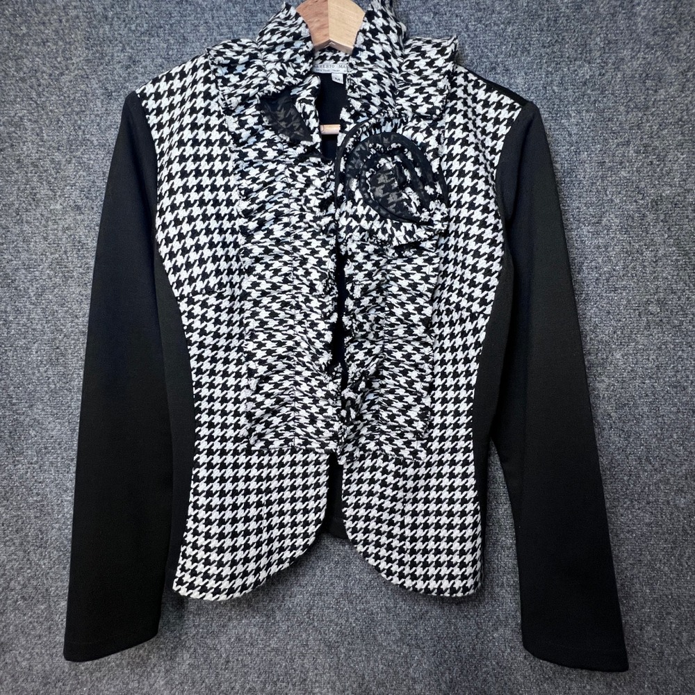 Vintage 90s Alberto Makali Houndstooth Ruffle Open Front Jacket Black White M